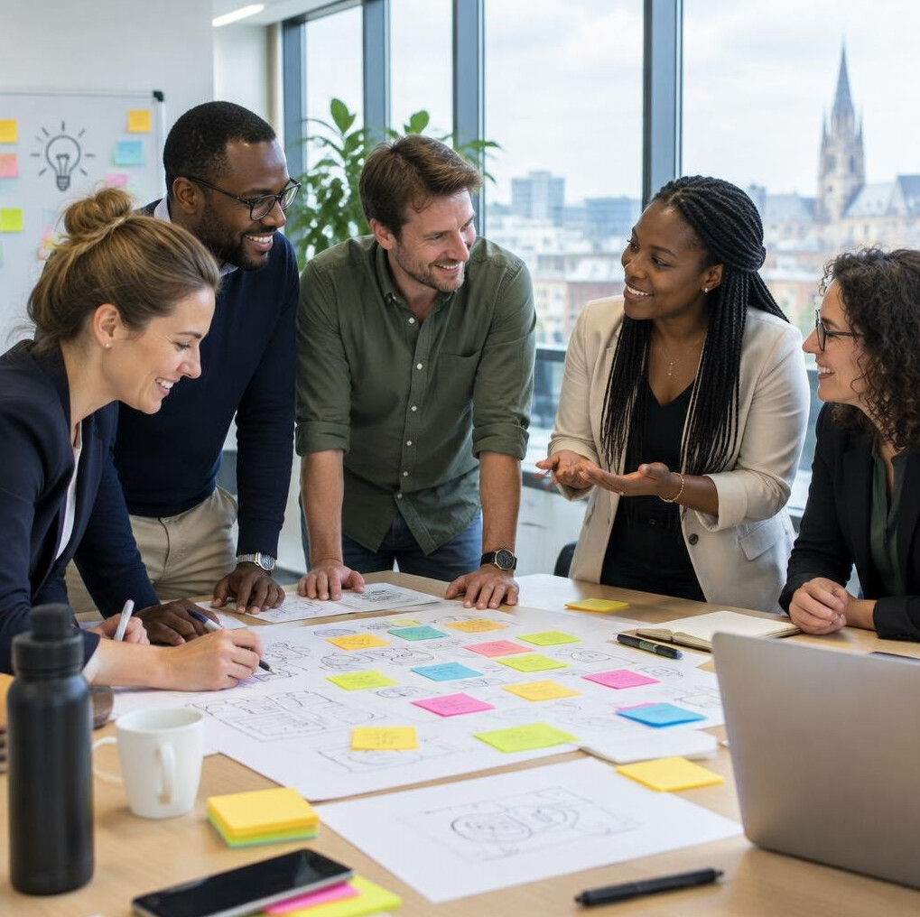 Diverse team collaborating around a table during a workplace innovation workshop