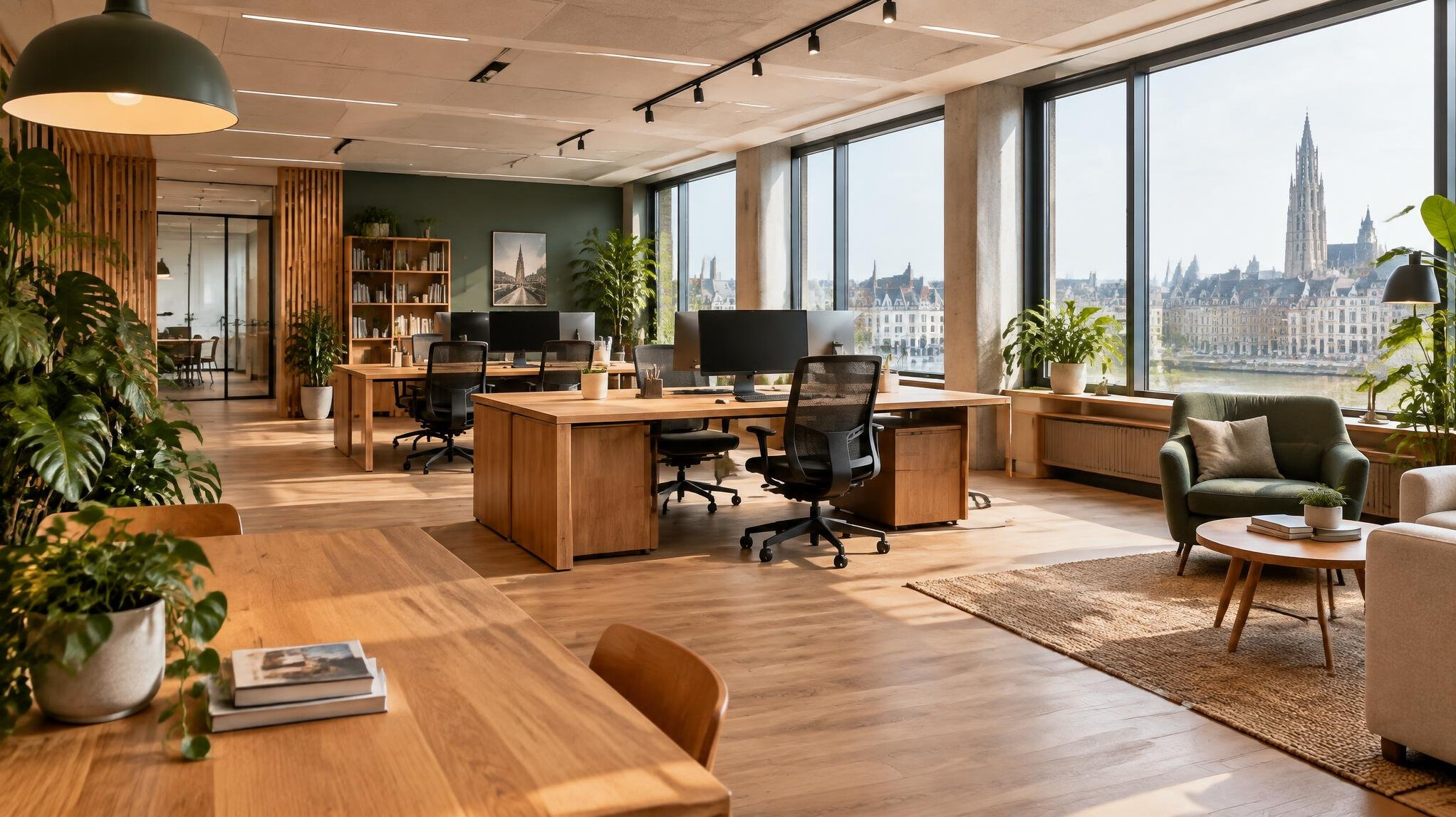 Modern open-plan office space with wooden furniture and plants