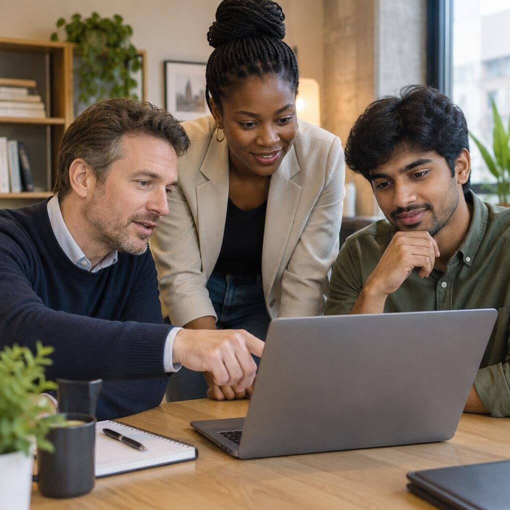 Small team of colleagues discussing ideas around a laptop in an office